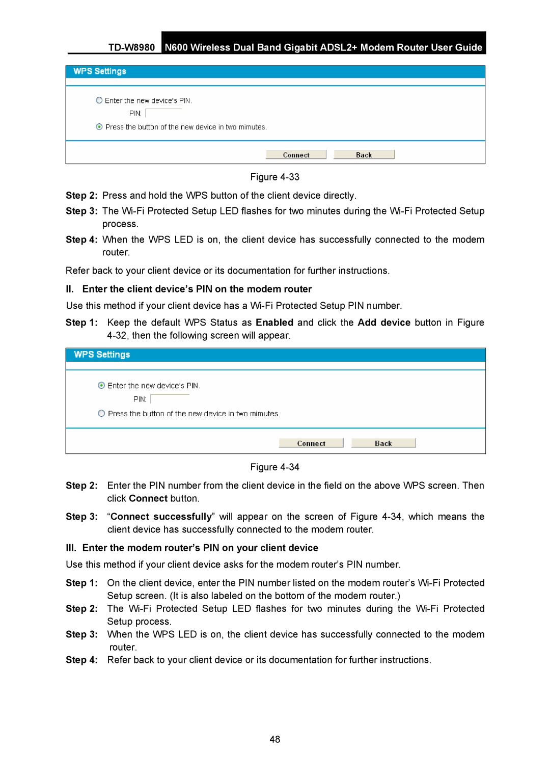 TP-Link TD-W8980 manual II. Enter the client device’s PIN on the modem router 