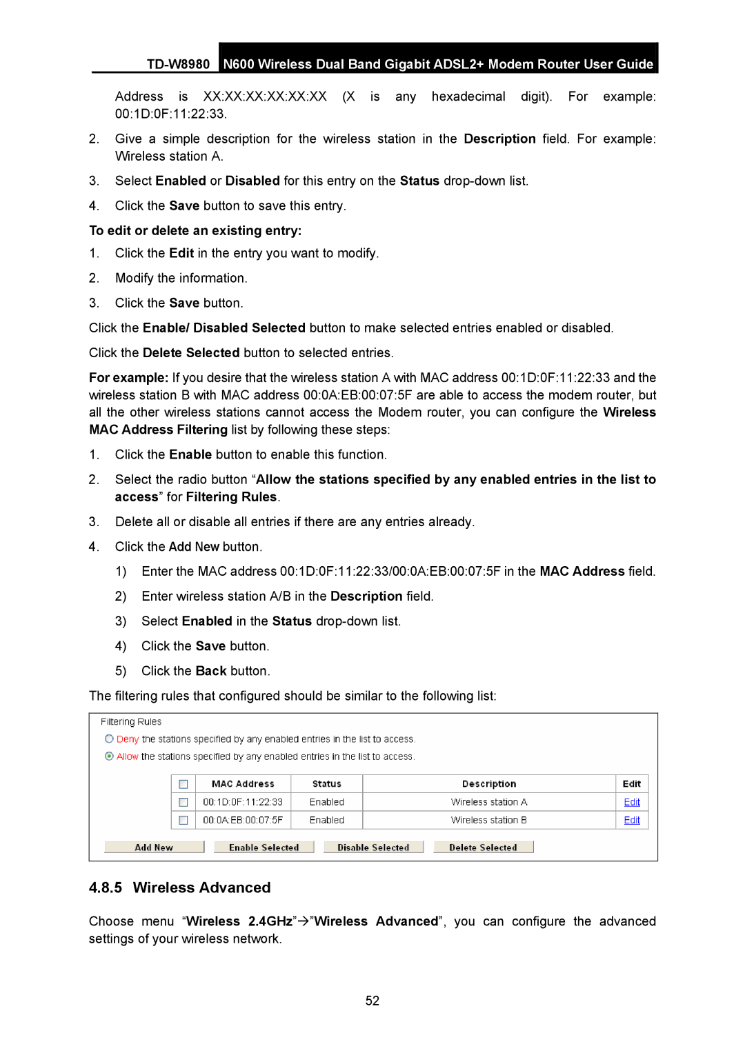 TP-Link TD-W8980 manual Wireless Advanced, To edit or delete an existing entry 