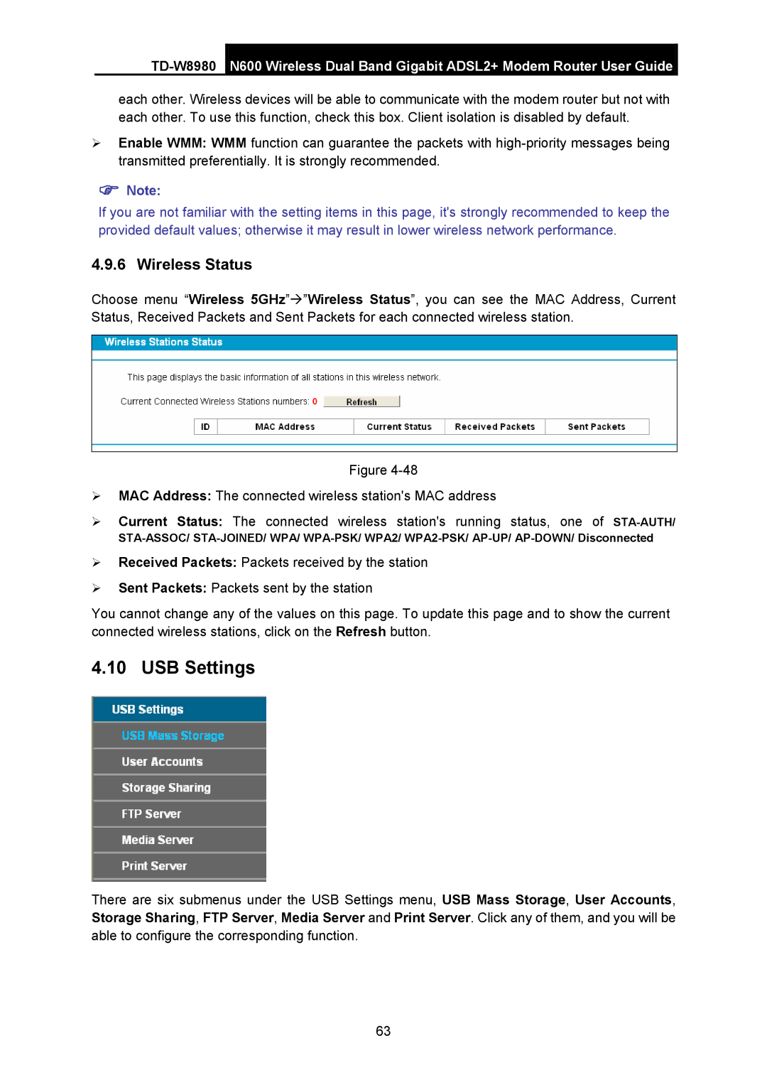 TP-Link TD-W8980 manual USB Settings, Wireless Status 