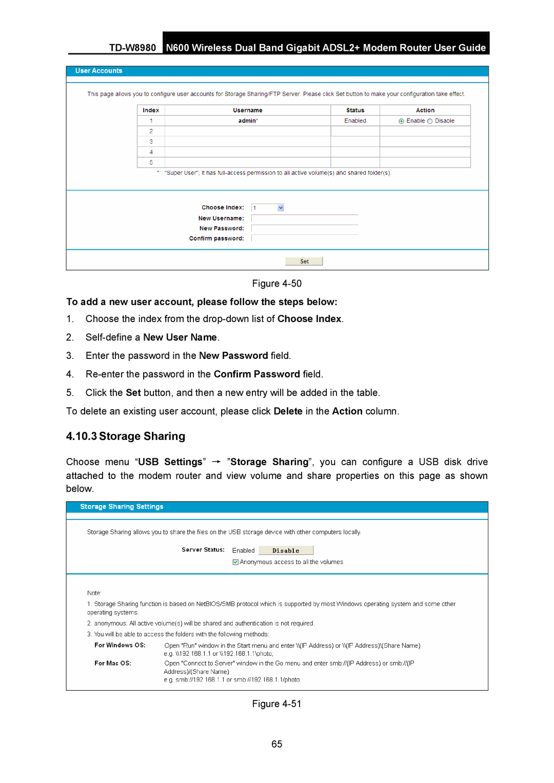 TP-Link TD-W8980 manual Storage Sharing, To add a new user account, please follow the steps below 