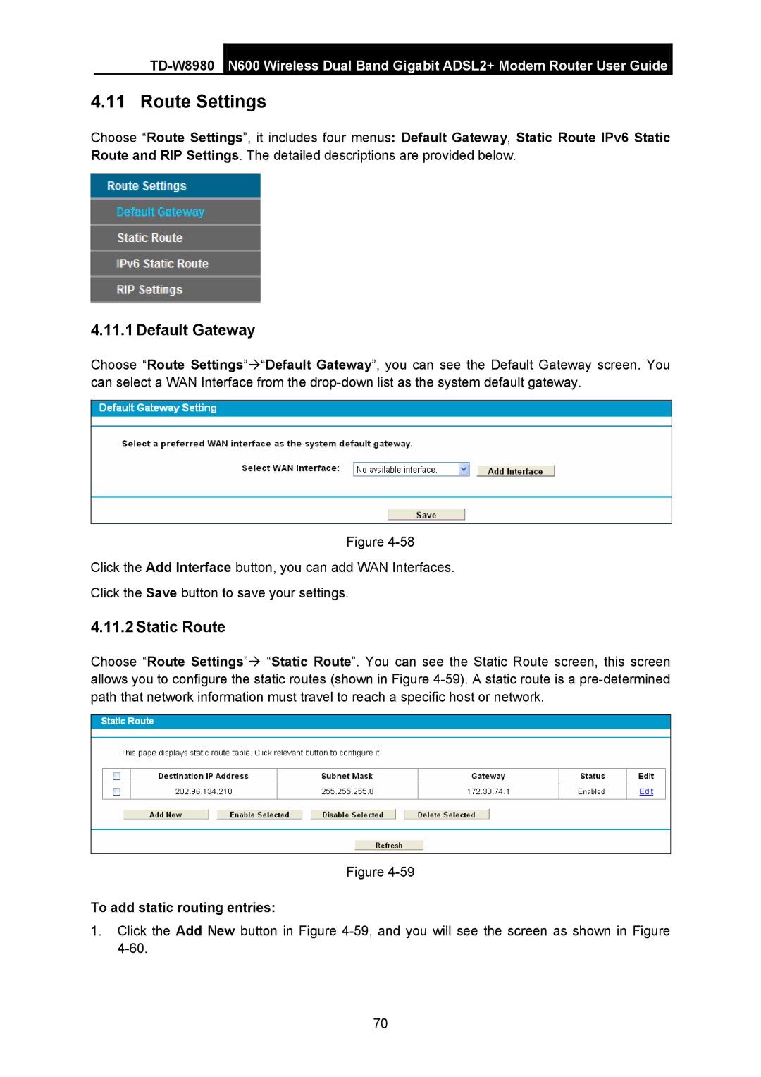 TP-Link TD-W8980 manual Route Settings, Default Gateway, Static Route, To add static routing entries 