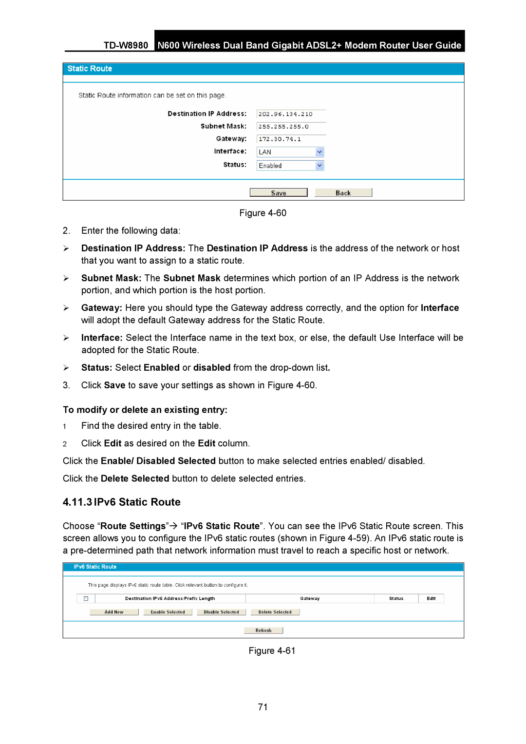 TP-Link TD-W8980 manual 11.3 IPv6 Static Route, To modify or delete an existing entry 