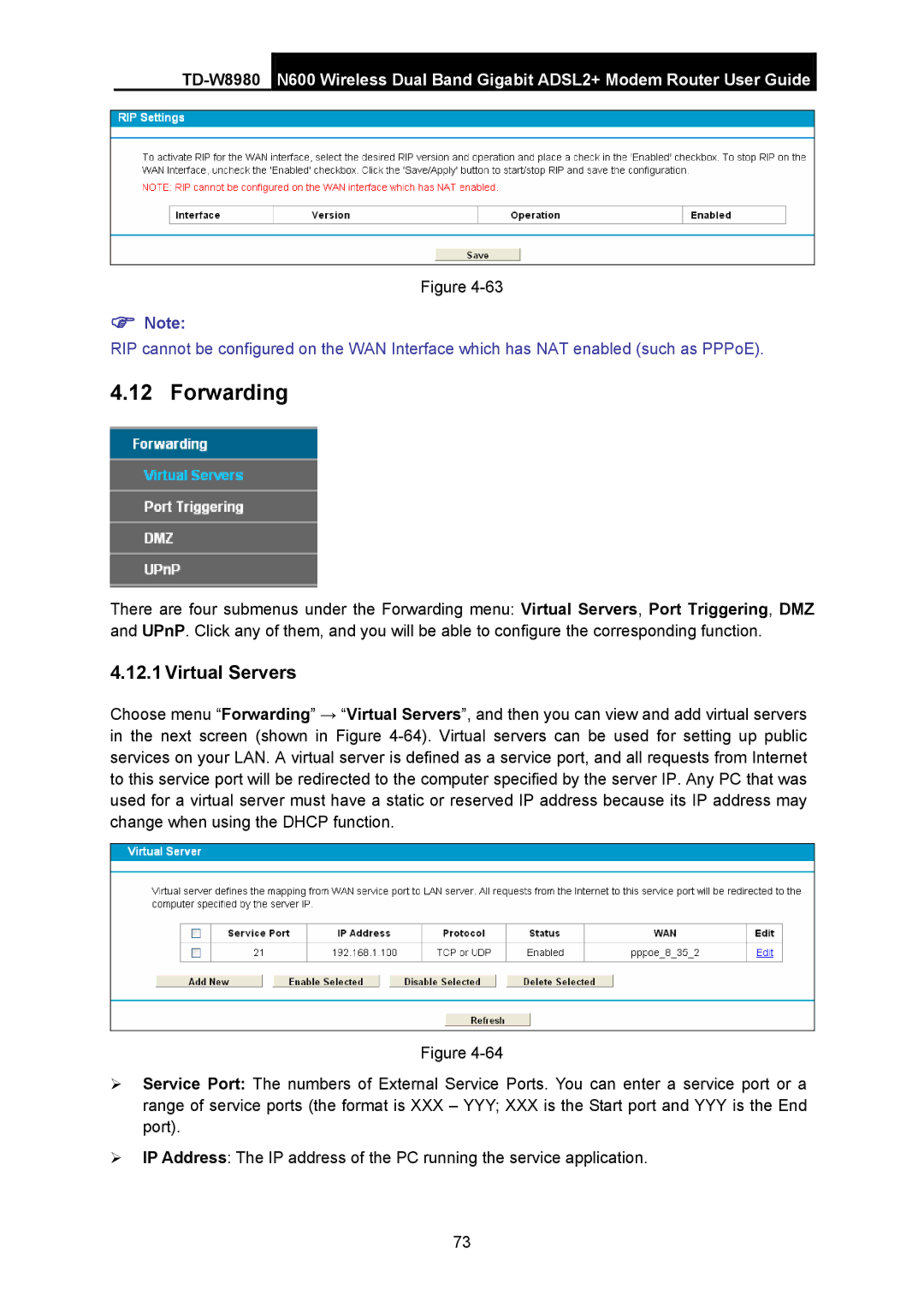 TP-Link TD-W8980 manual Forwarding, Virtual Servers 