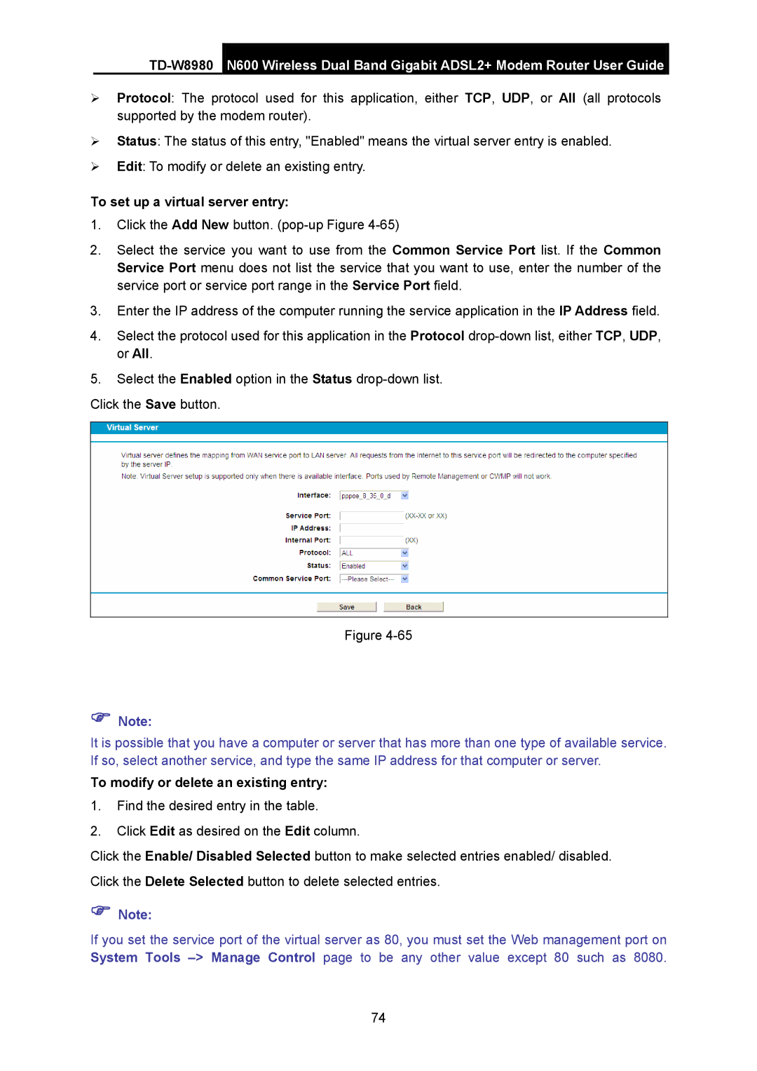 TP-Link TD-W8980 manual To set up a virtual server entry 