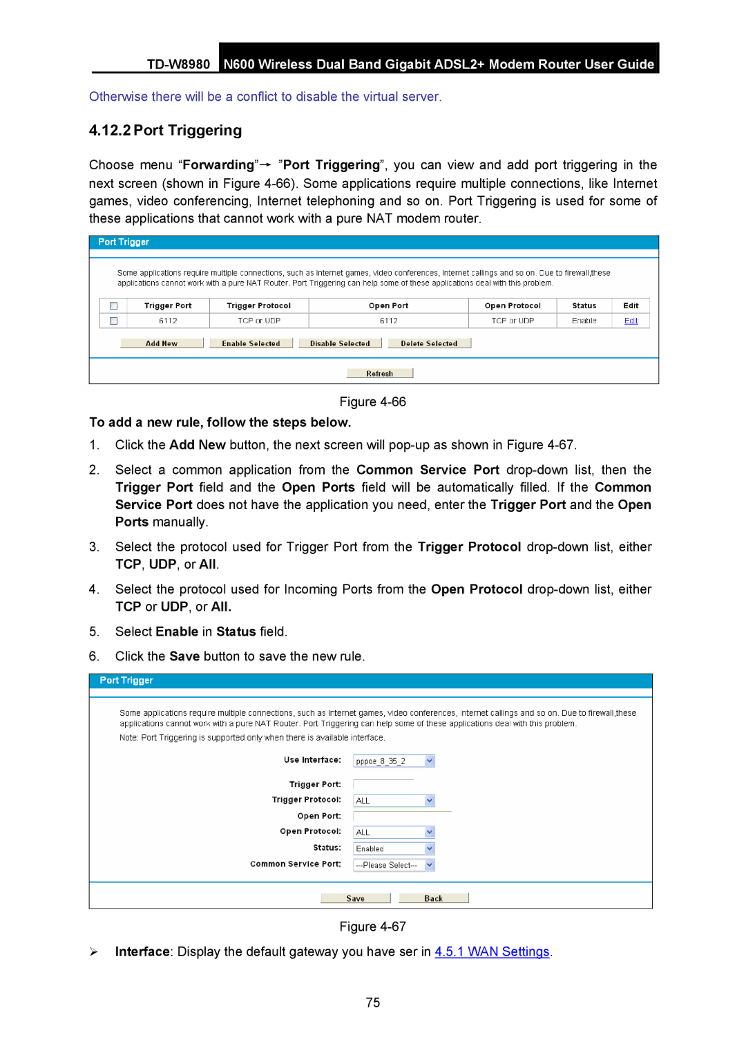 TP-Link TD-W8980 manual Port Triggering, To add a new rule, follow the steps below 