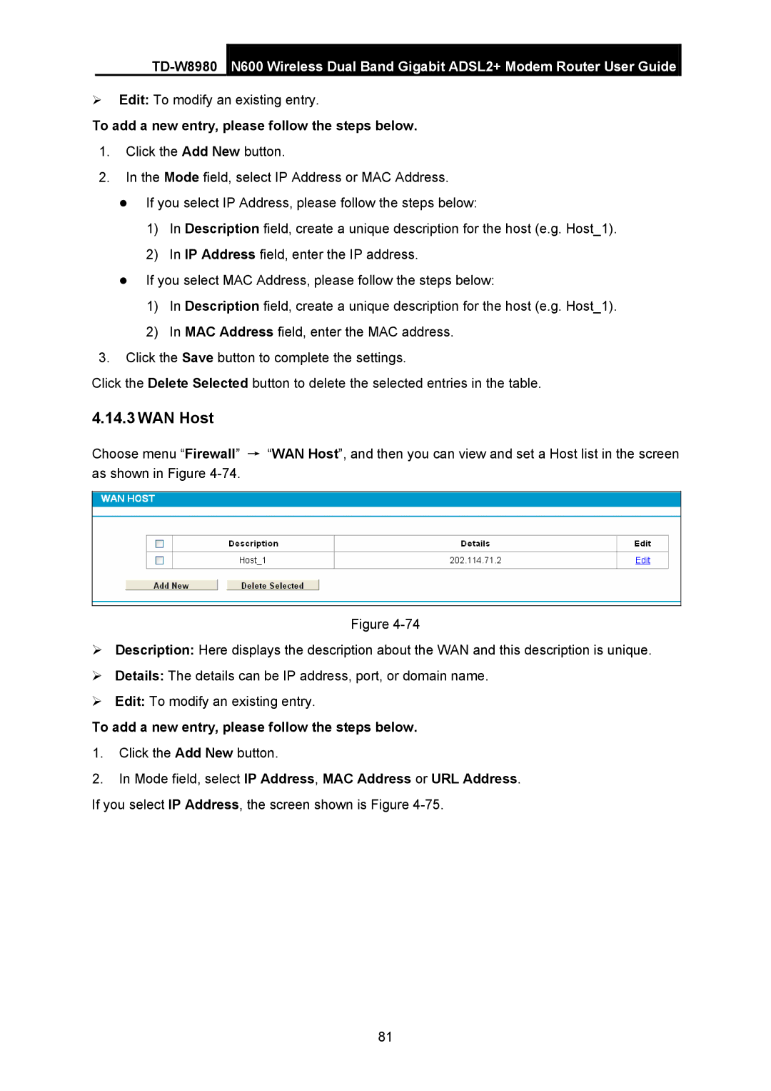 TP-Link TD-W8980 manual WAN Host, To add a new entry, please follow the steps below 