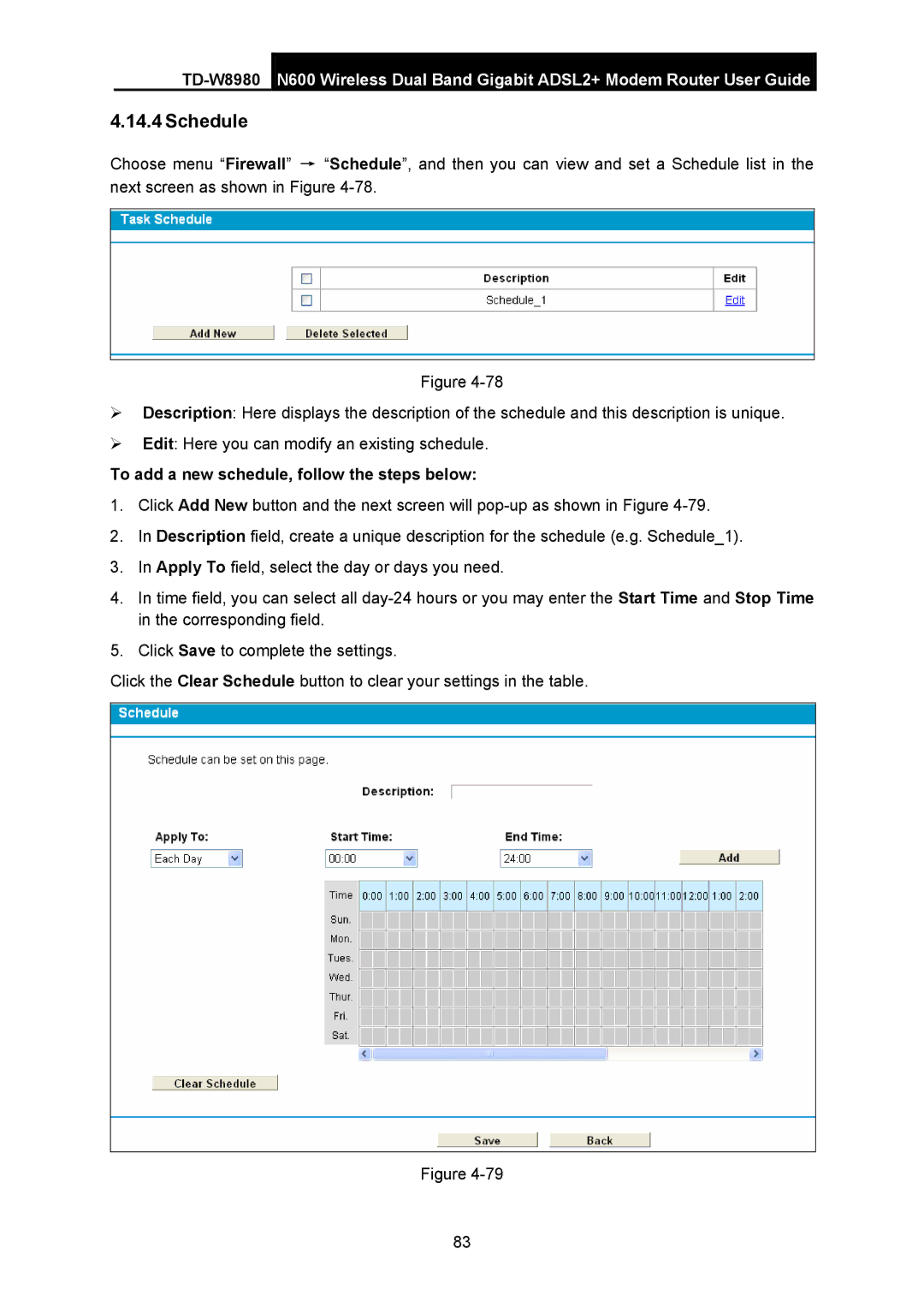 TP-Link TD-W8980 manual Schedule, To add a new schedule, follow the steps below 