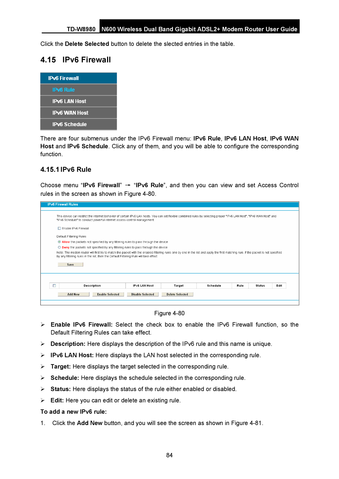 TP-Link TD-W8980 manual 15 IPv6 Firewall, 15.1 IPv6 Rule, To add a new IPv6 rule 