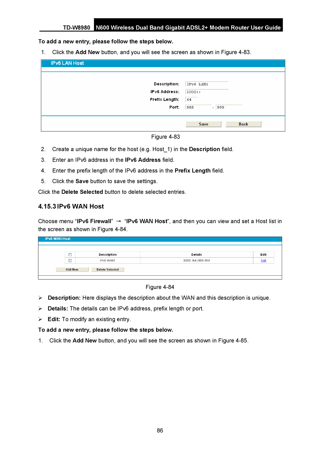 TP-Link TD-W8980 manual 15.3 IPv6 WAN Host, To add a new entry, please follow the steps below 