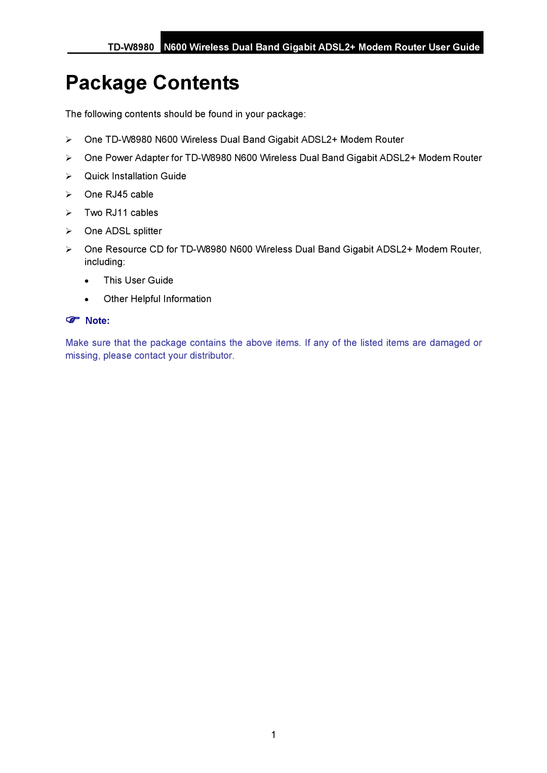 TP-Link TD-W8980 manual Package Contents 