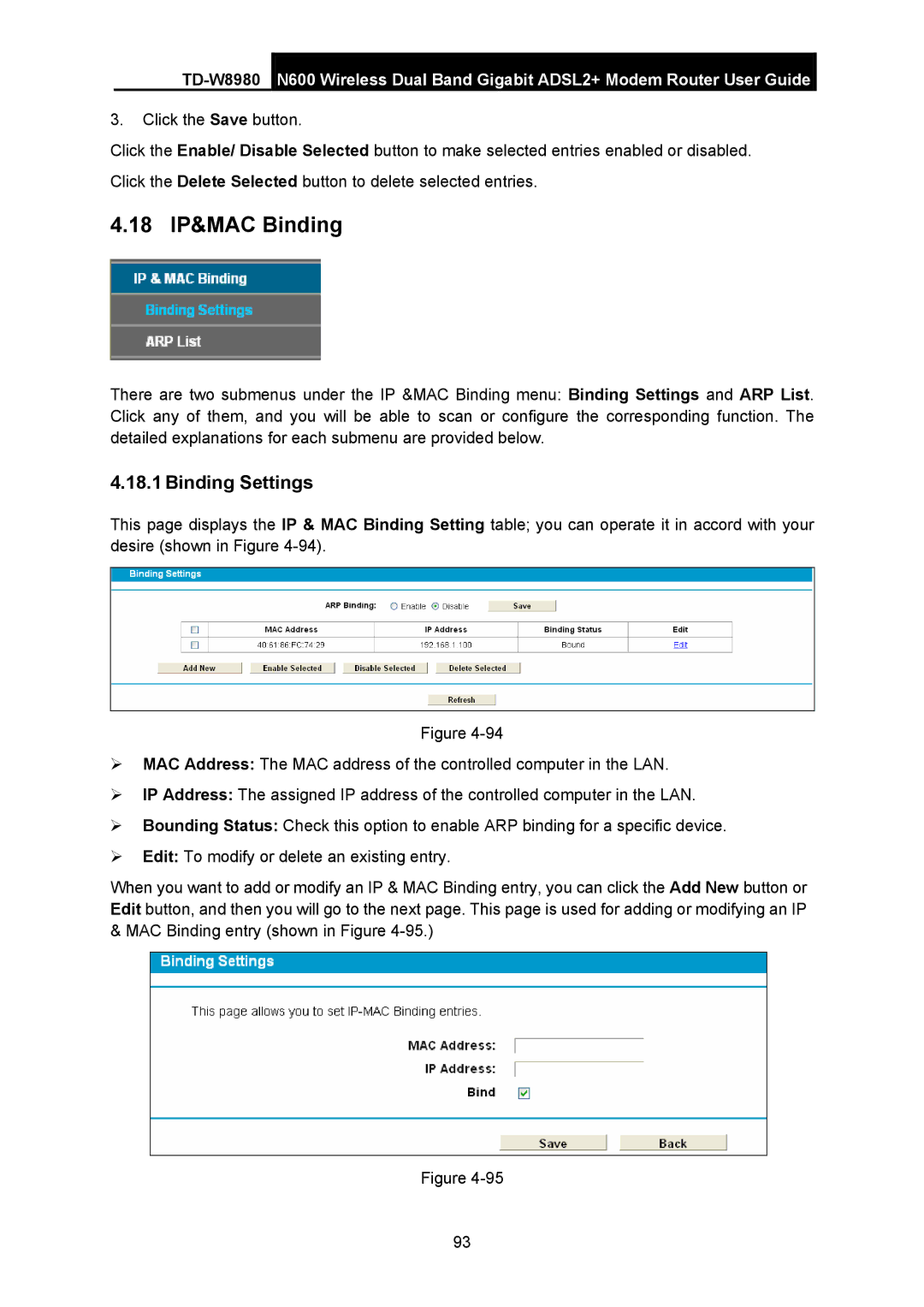 TP-Link TD-W8980 manual 18 IP&MAC Binding, Binding Settings 