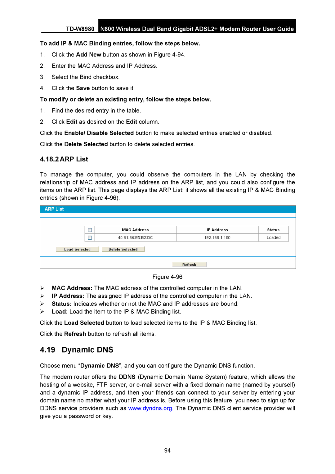 TP-Link TD-W8980 manual Dynamic DNS, ARP List, To add IP & MAC Binding entries, follow the steps below 