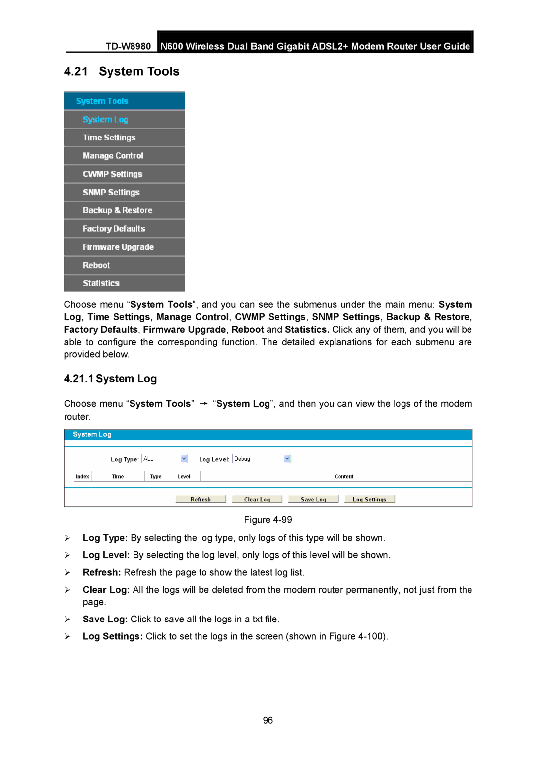 TP-Link TD-W8980 manual System Tools, System Log 