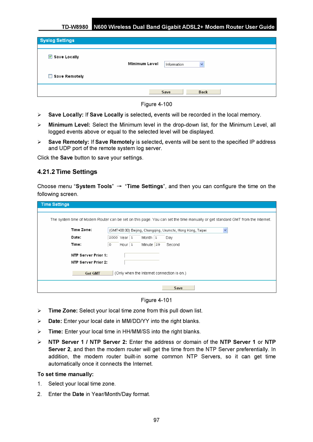 TP-Link TD-W8980 manual Time Settings 