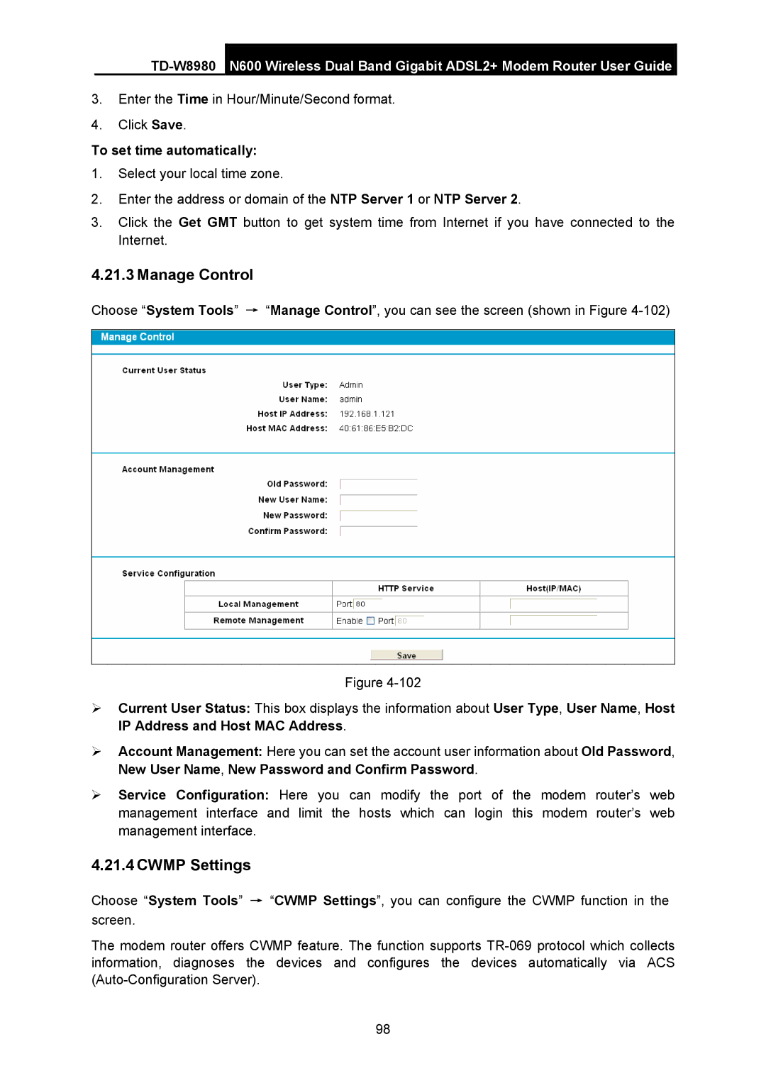 TP-Link TD-W8980 manual Manage Control, Cwmp Settings, To set time automatically 