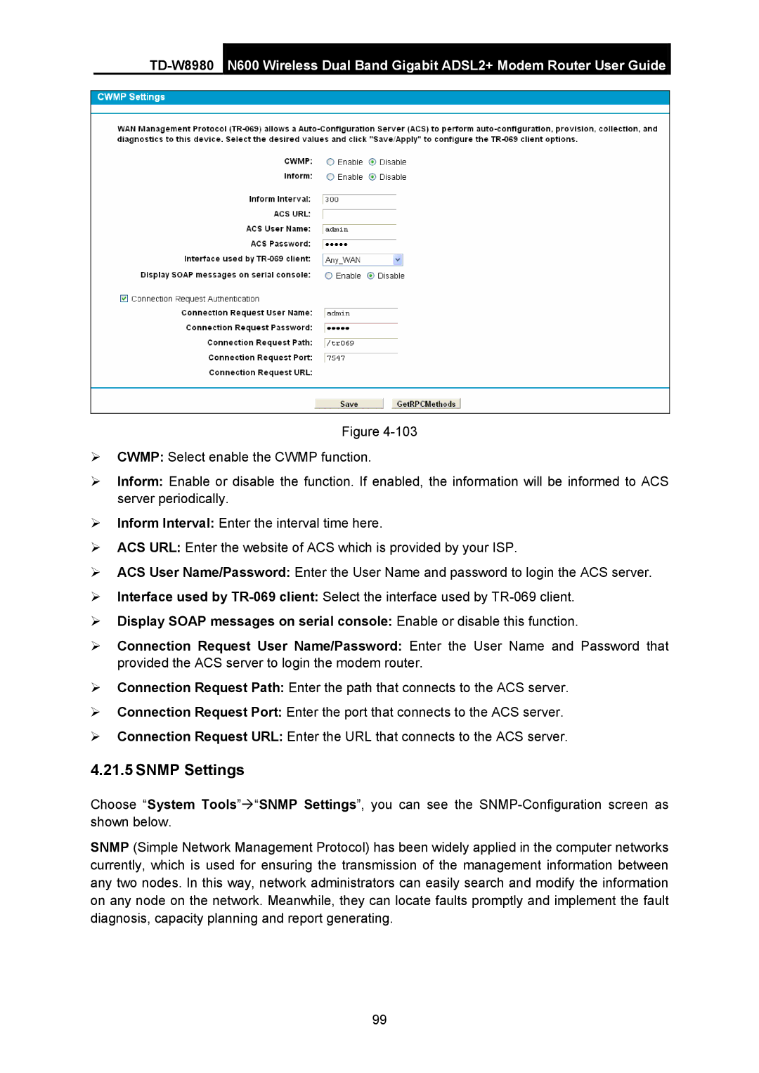 TP-Link TD-W8980 manual Snmp Settings 