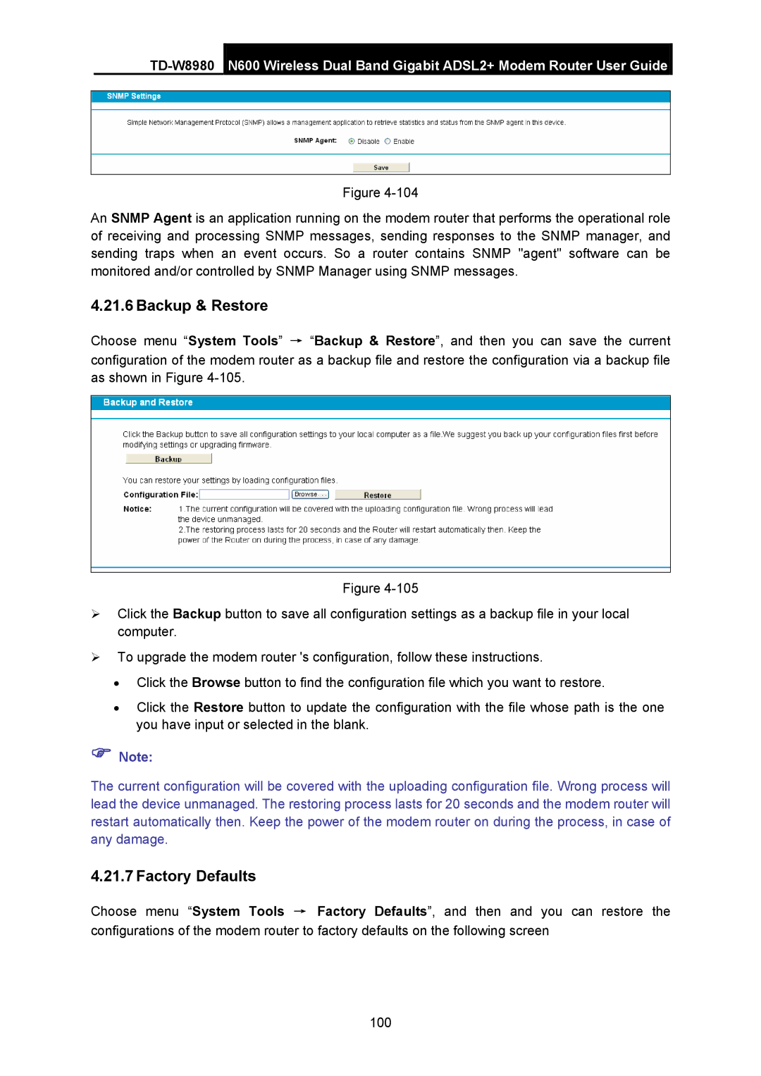 TP-Link TD-W8980 manual Backup & Restore, Factory Defaults 