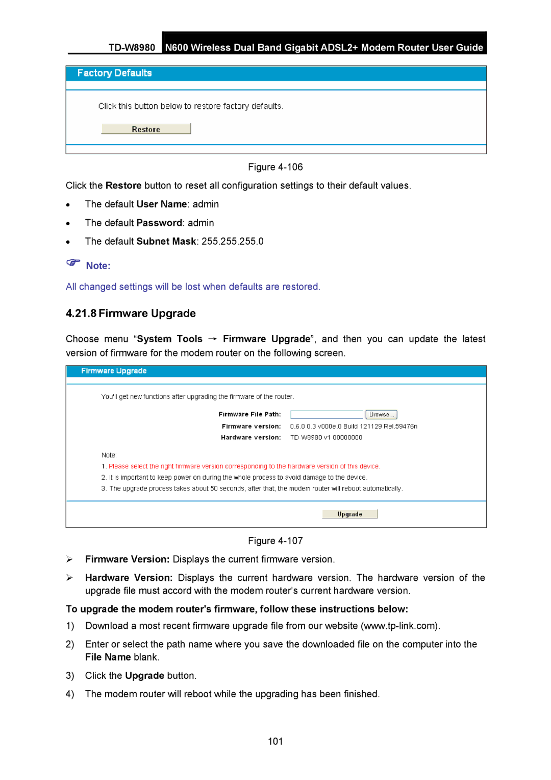 TP-Link TD-W8980 manual Firmware Upgrade 