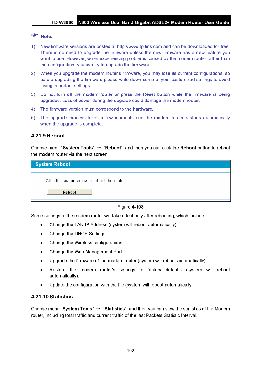 TP-Link TD-W8980 manual Reboot, Statistics 