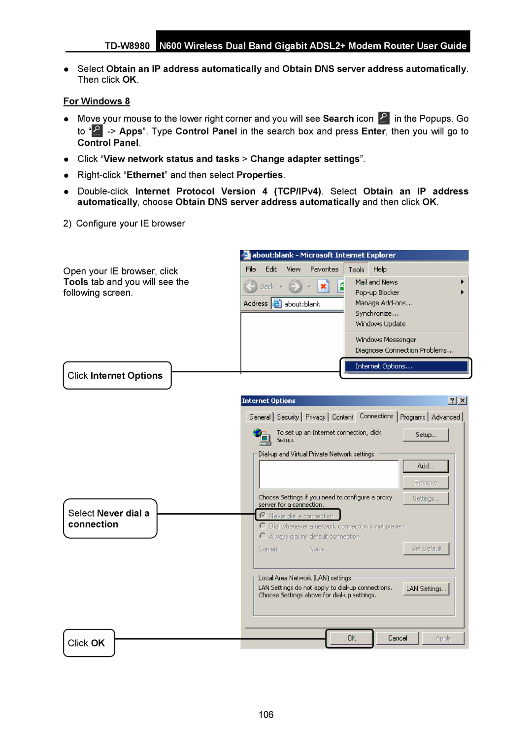 TP-Link TD-W8980 manual Click View network status and tasks Change adapter settings 