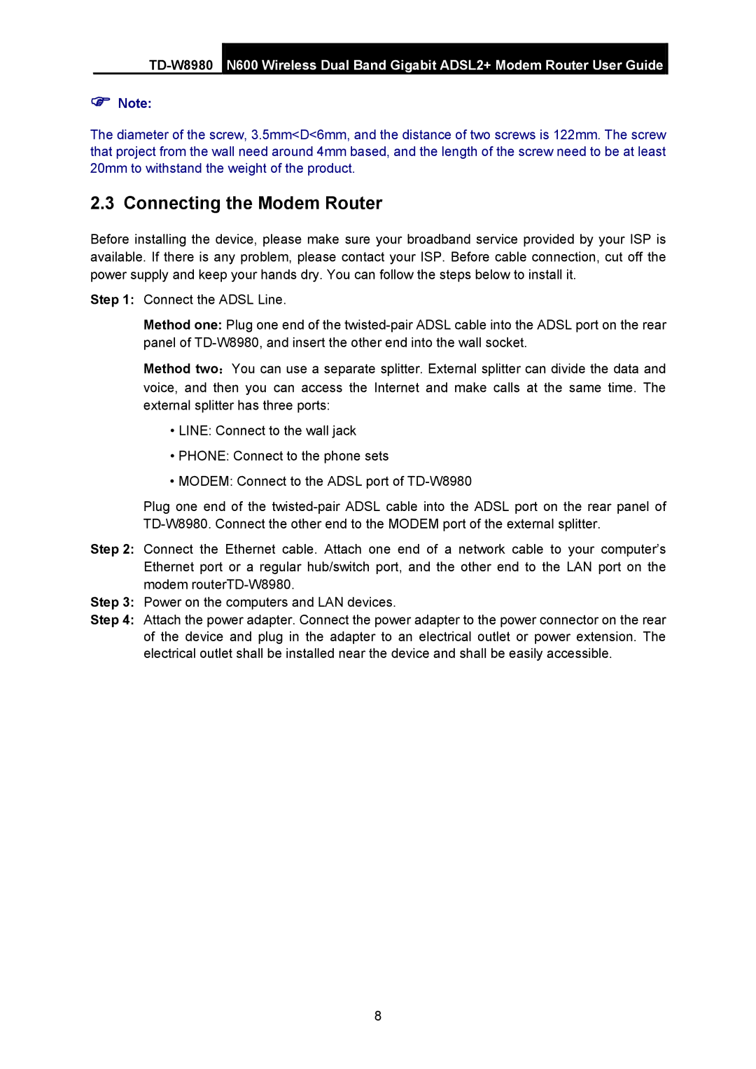 TP-Link TD-W8980 manual Connecting the Modem Router 