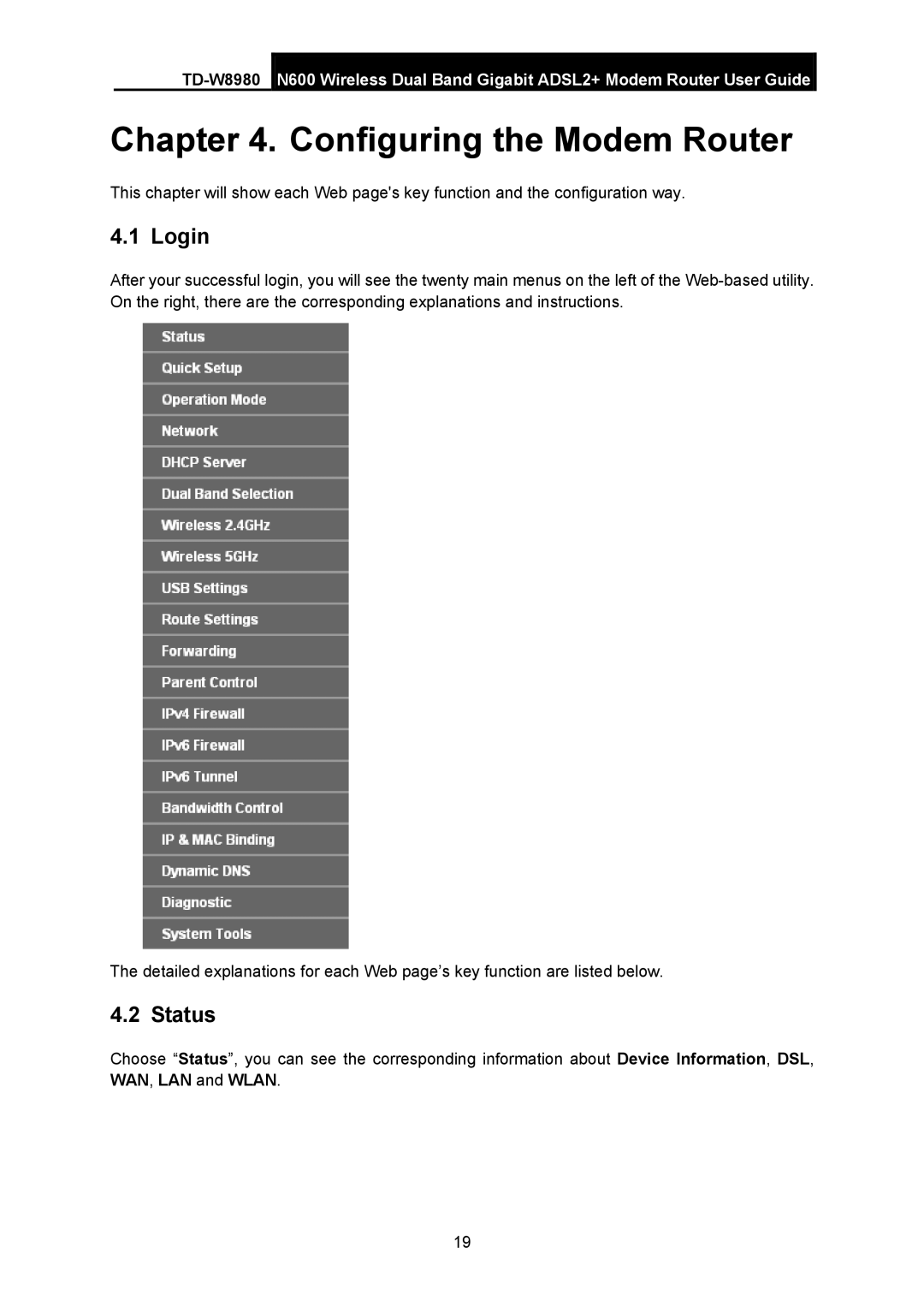 TP-Link TD-W8980 manual Login, Status 