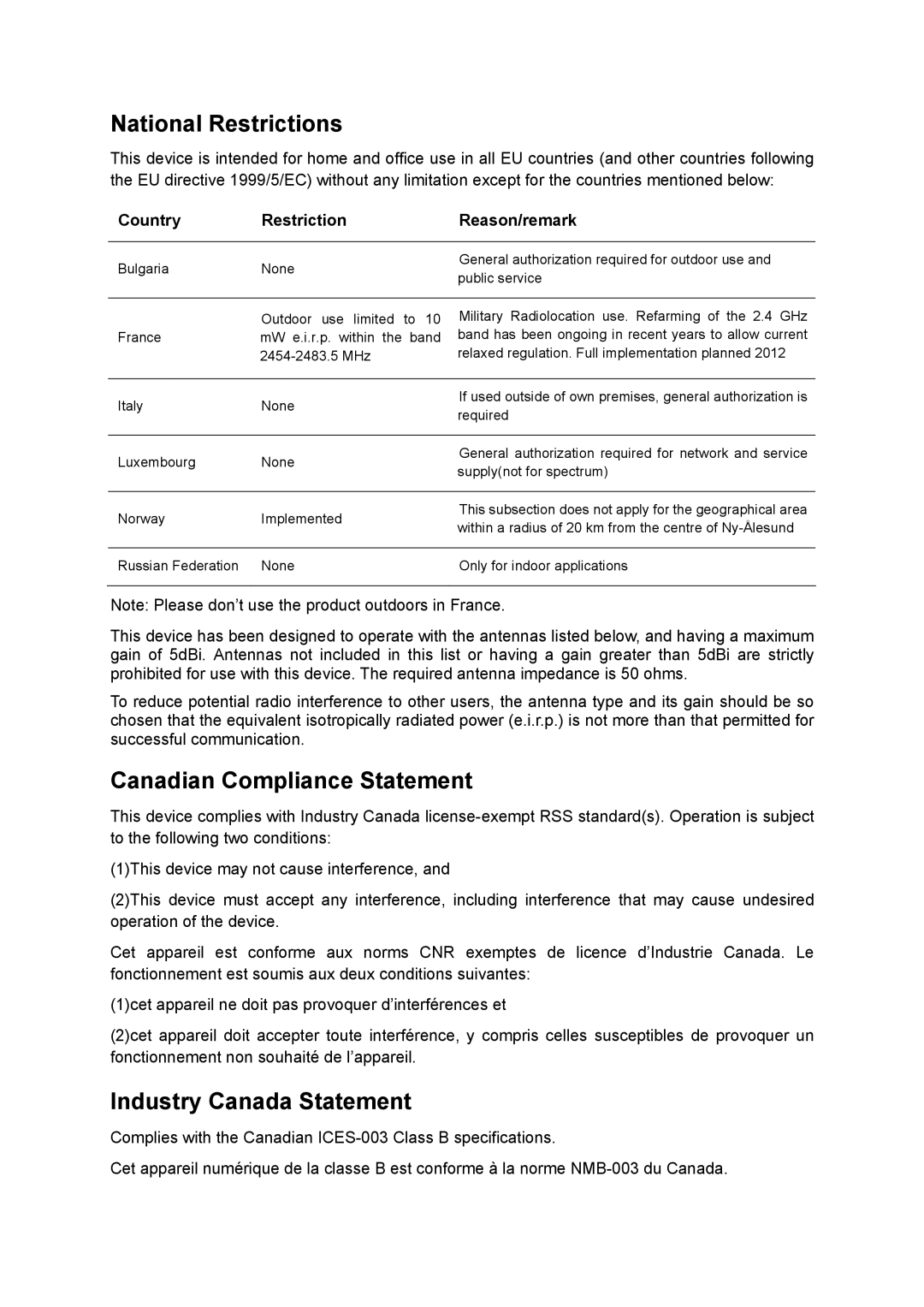 TP-Link TD-W8980 manual National Restrictions, Country Restriction Reason/remark 