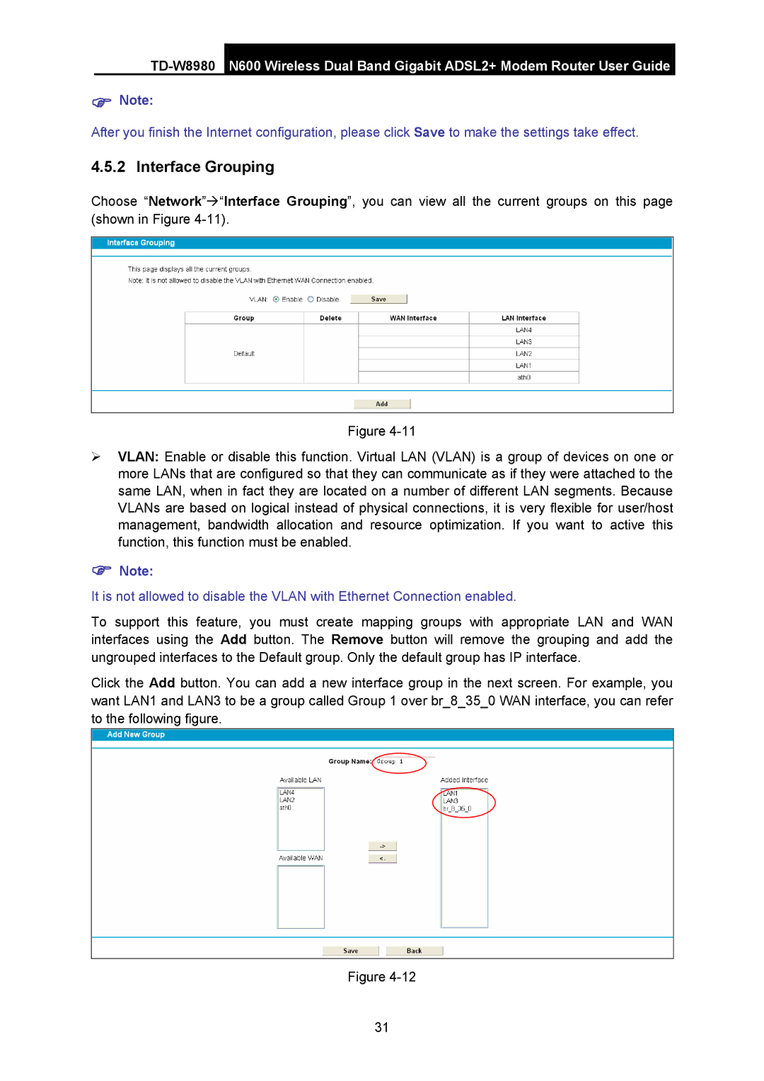 TP-Link TD-W8980 manual Interface Grouping 