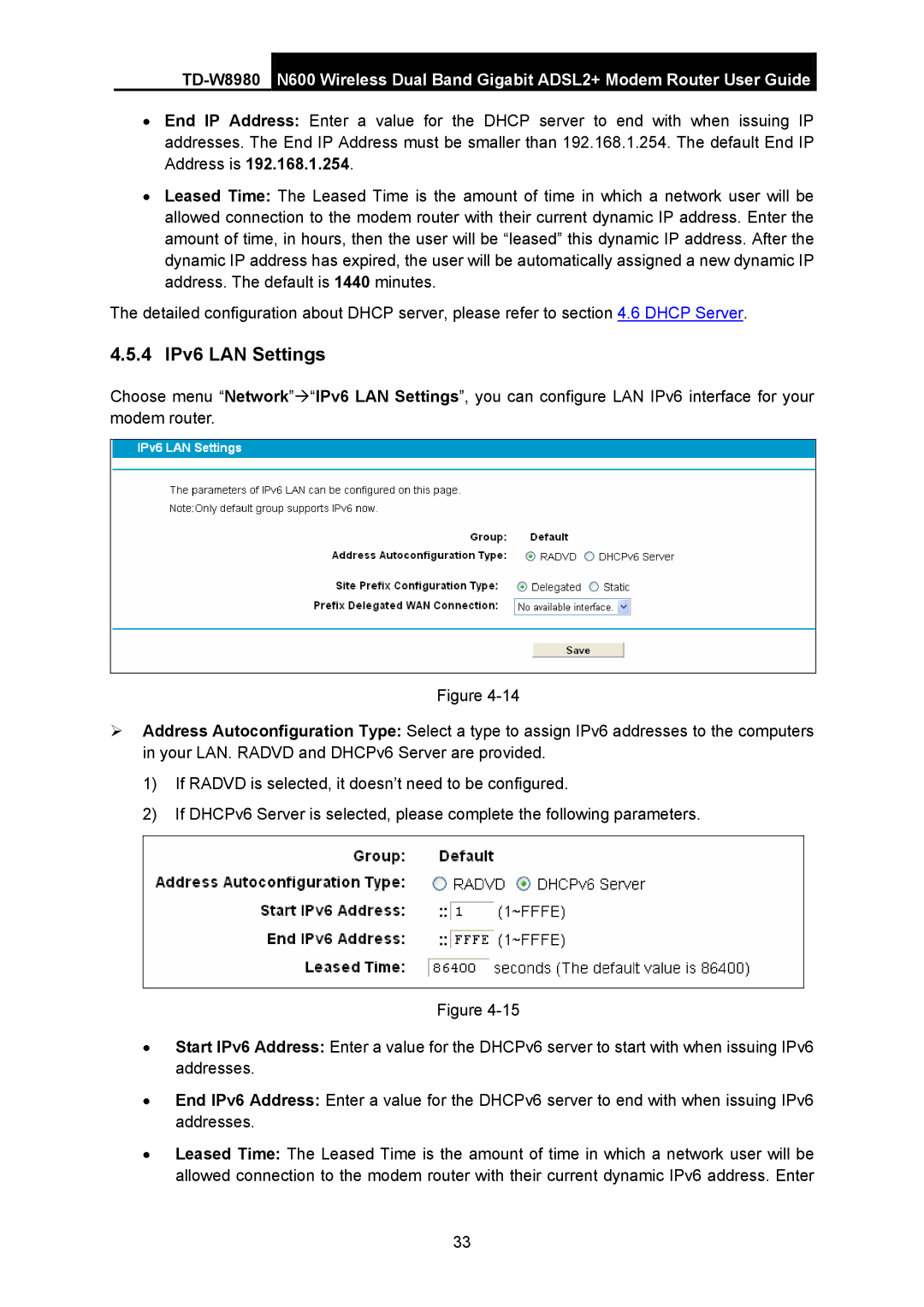 TP-Link TD-W8980 manual 4 IPv6 LAN Settings 