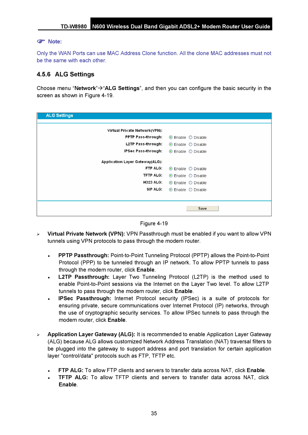 TP-Link TD-W8980 manual ALG Settings 