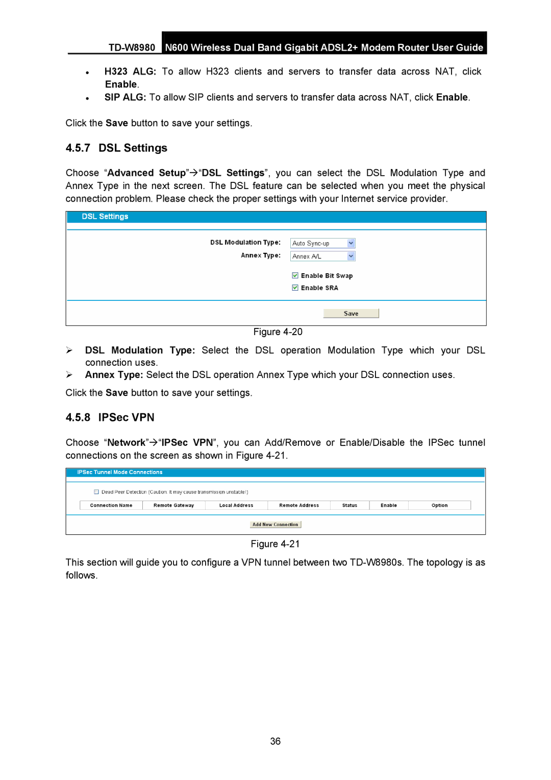 TP-Link TD-W8980 manual DSL Settings, IPSec VPN 