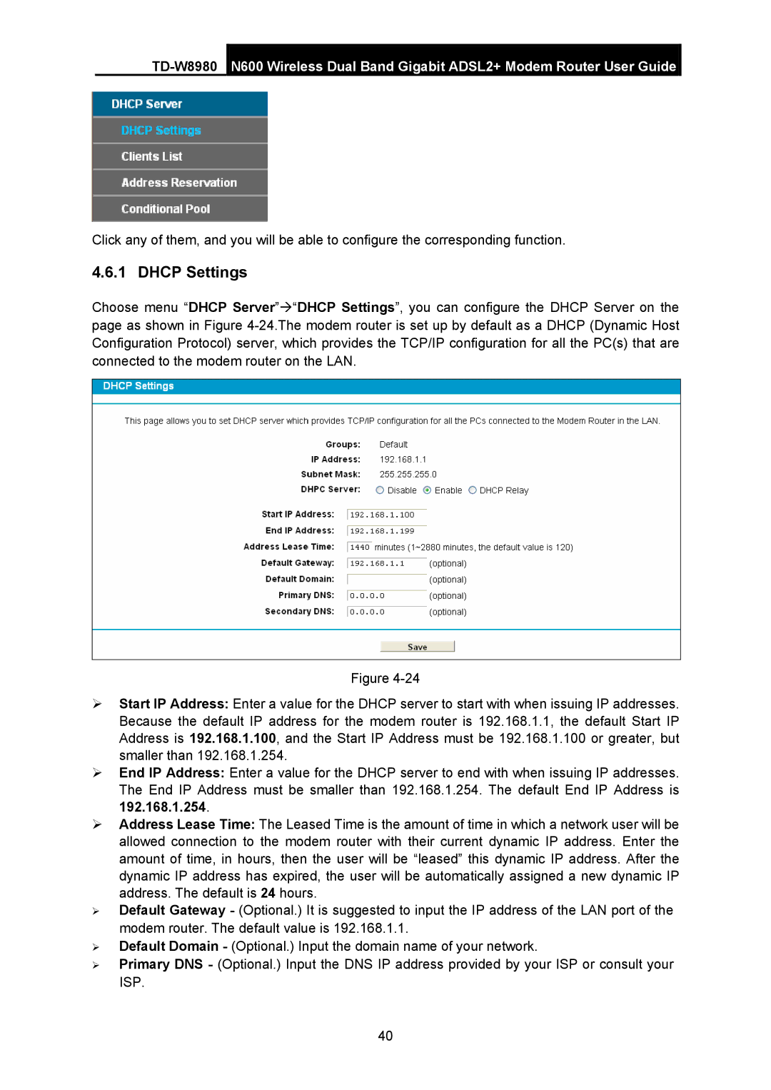 TP-Link TD-W8980 manual Dhcp Settings 