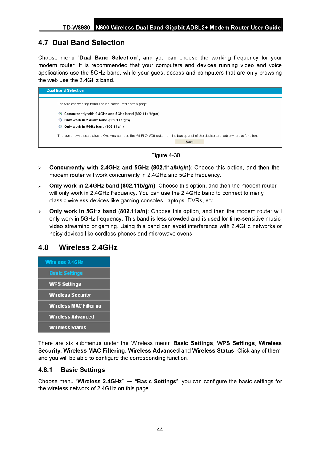 TP-Link TD-W8980 manual Dual Band Selection, Wireless 2.4GHz, Basic Settings 