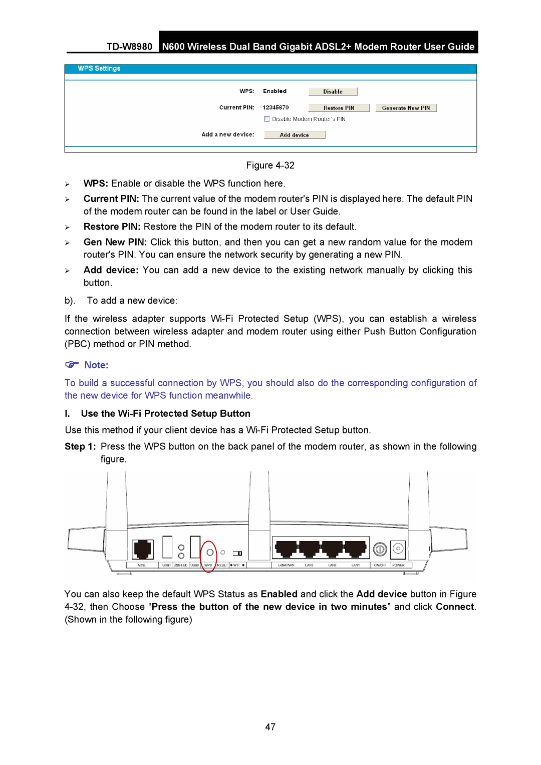 TP-Link TD-W8980 manual Use the Wi-Fi Protected Setup Button 