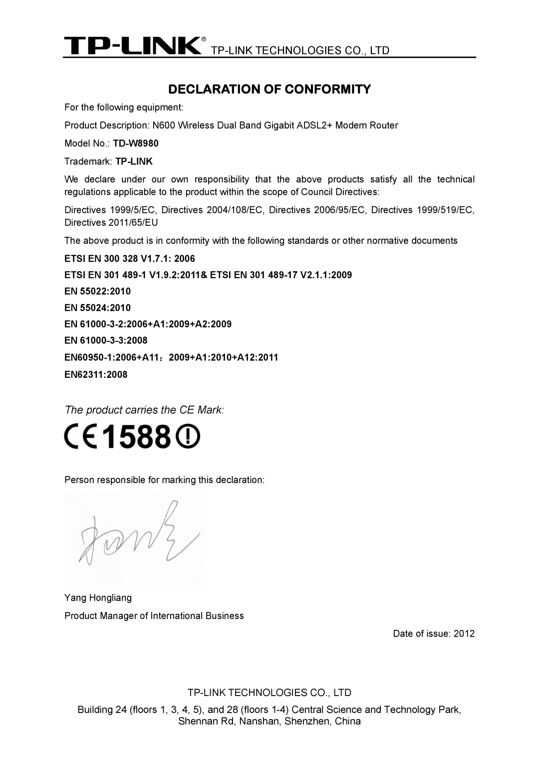 TP-Link TD-W8980 manual Declaration of Conformity 