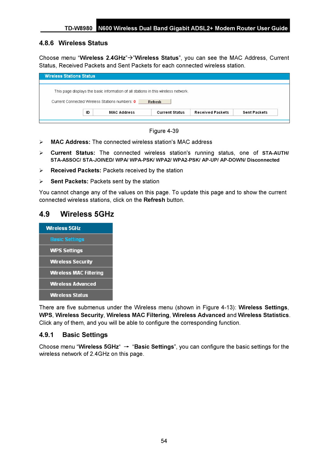 TP-Link TD-W8980 manual Wireless 5GHz, Wireless Status 