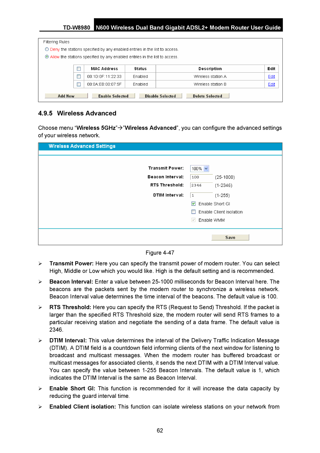 TP-Link TD-W8980 manual Wireless Advanced 