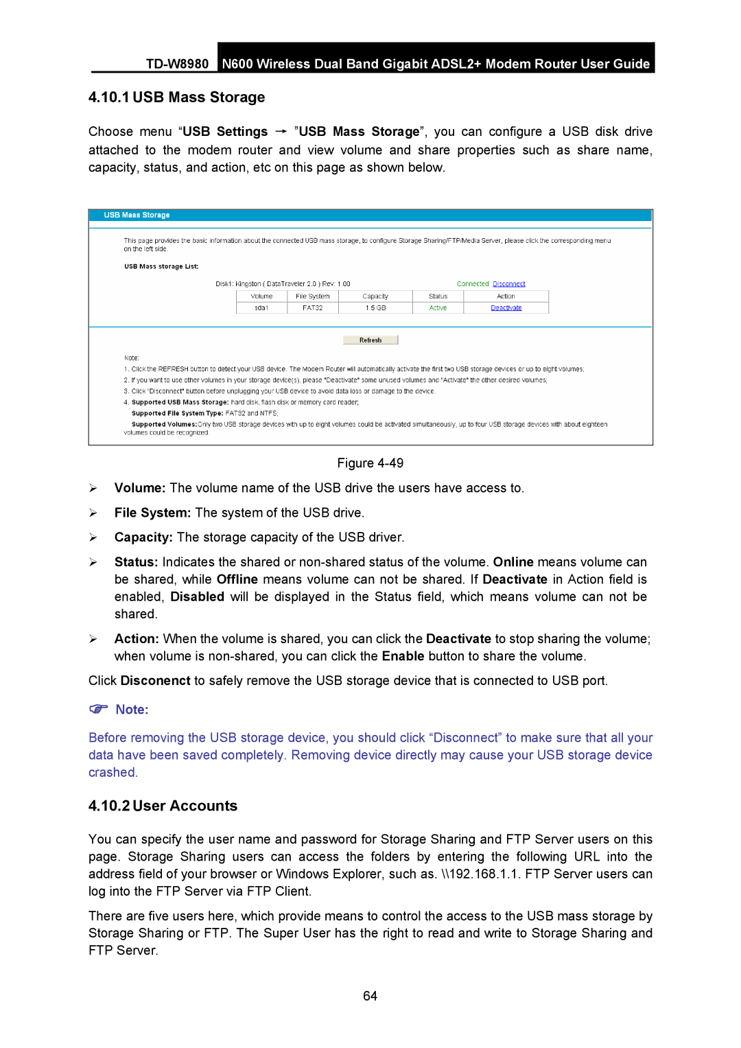 TP-Link TD-W8980 manual USB Mass Storage, User Accounts 