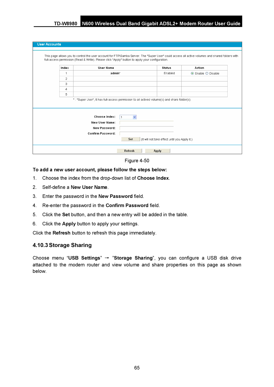 TP-Link TD-W8980 manual Storage Sharing, To add a new user account, please follow the steps below 