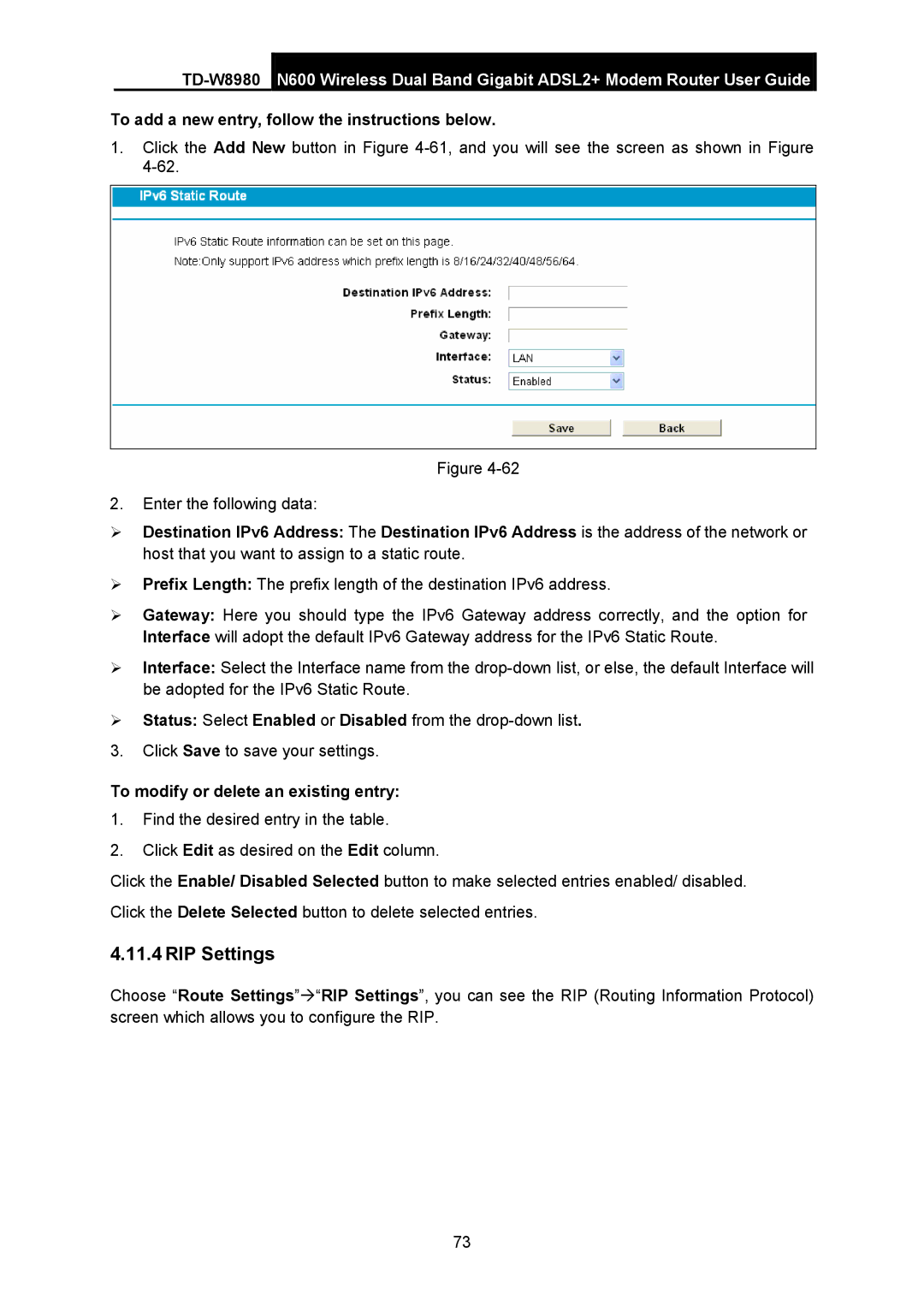 TP-Link TD-W8980 manual RIP Settings, To add a new entry, follow the instructions below 