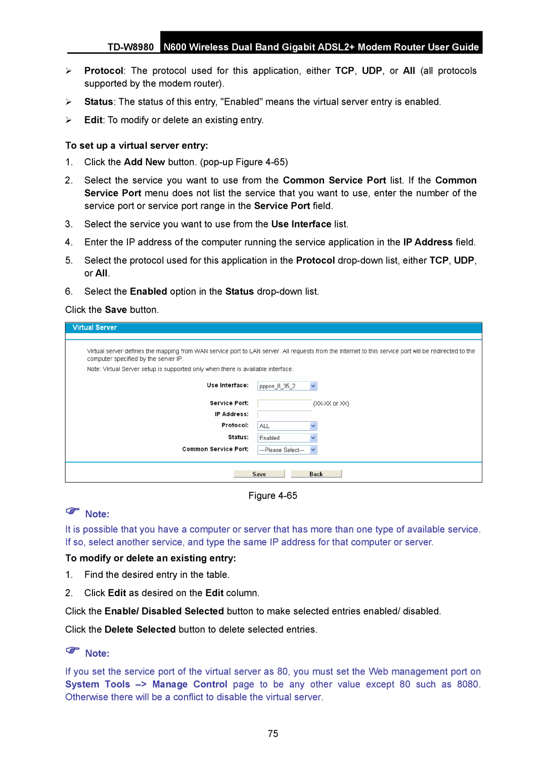 TP-Link TD-W8980 manual To set up a virtual server entry 