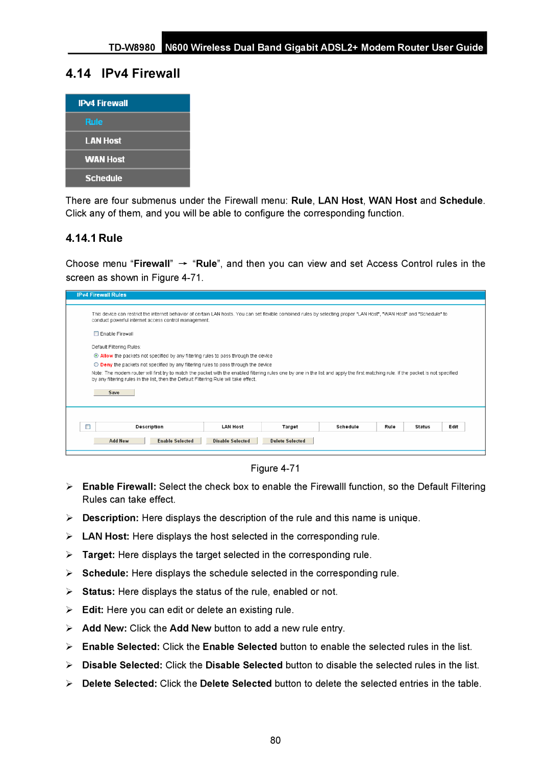 TP-Link TD-W8980 manual 14 IPv4 Firewall, Rule 