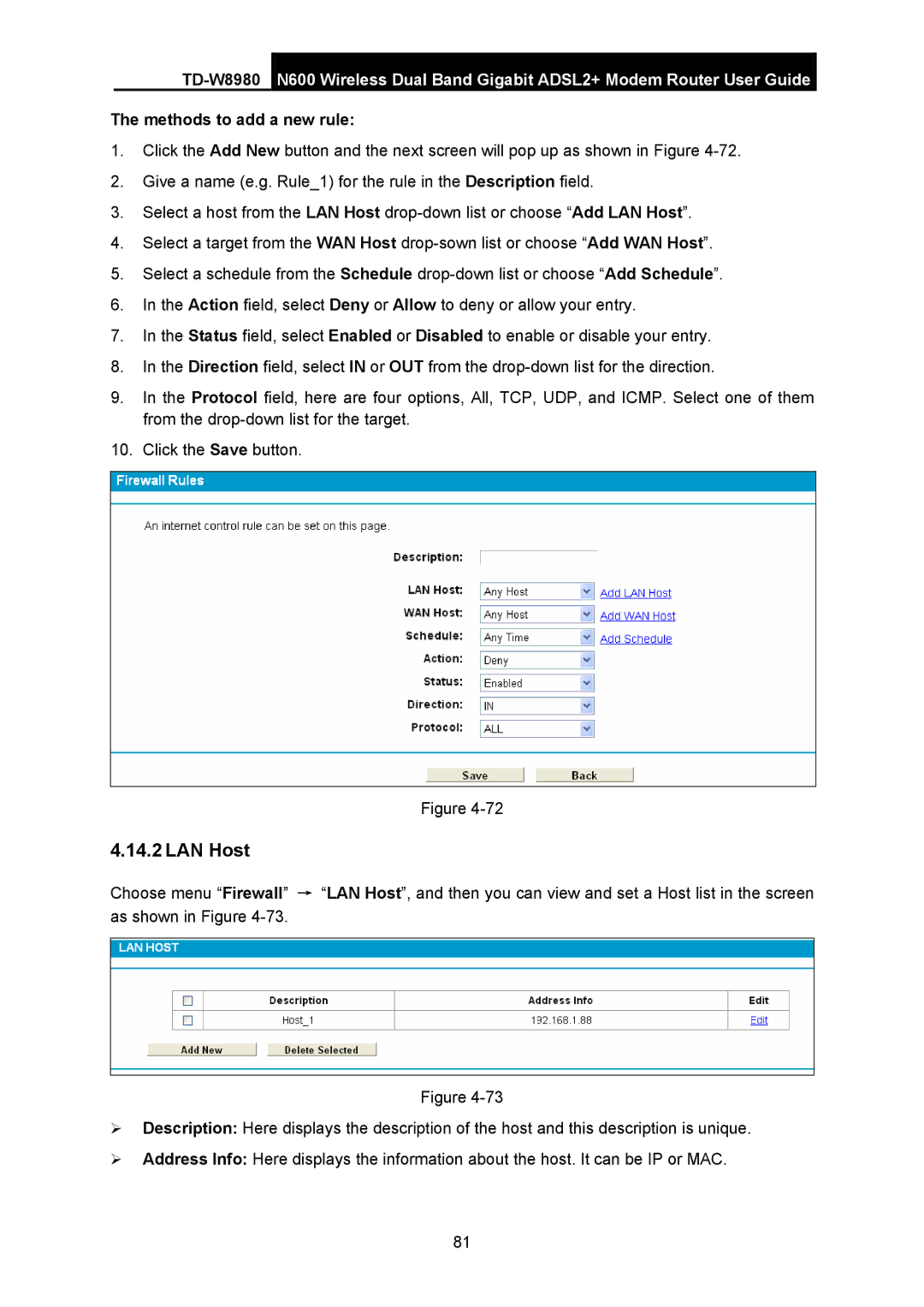 TP-Link TD-W8980 manual LAN Host, Methods to add a new rule 