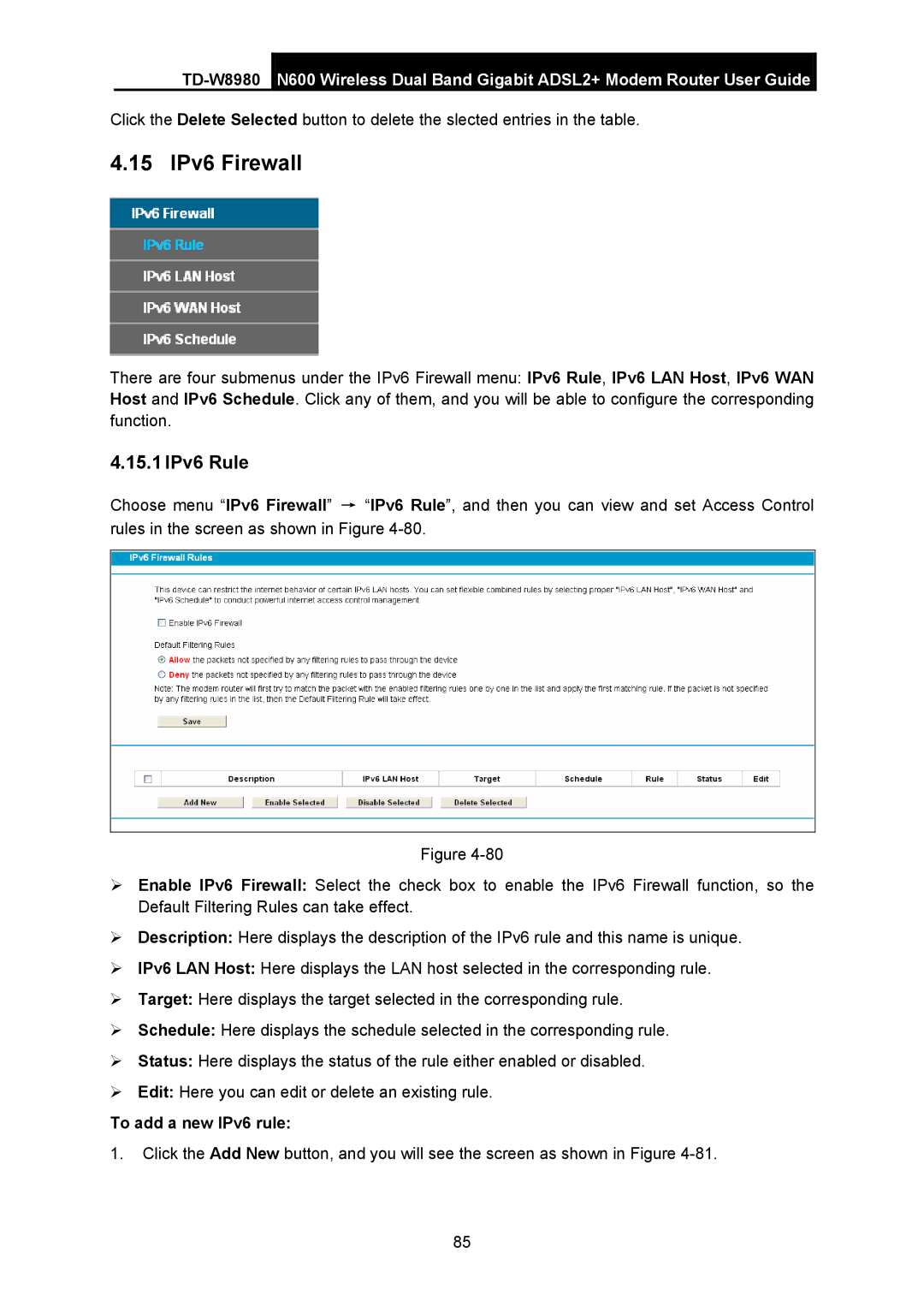 TP-Link TD-W8980 manual 15 IPv6 Firewall, 15.1 IPv6 Rule, To add a new IPv6 rule 