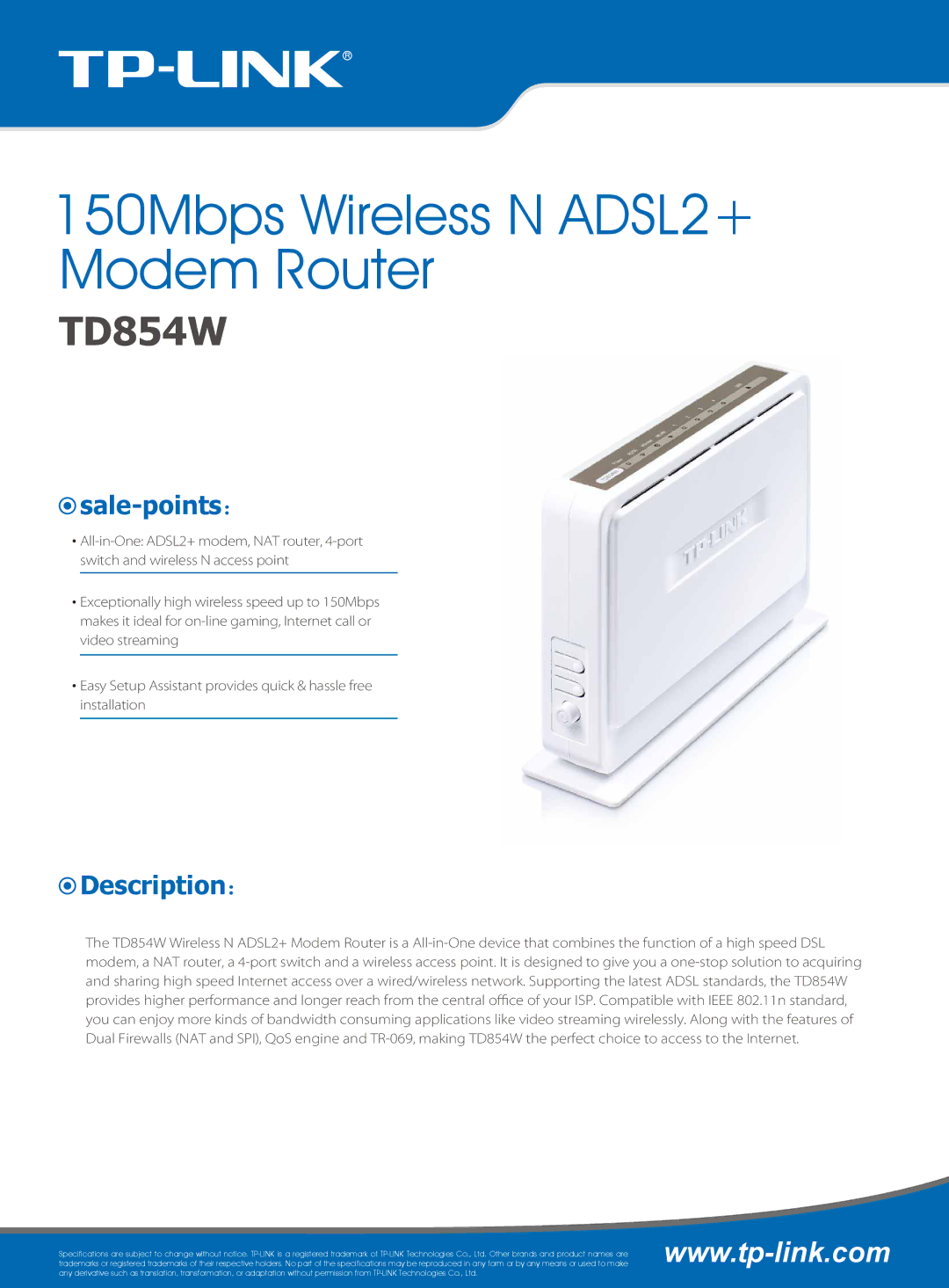 TP-Link TD854W specifications Sale-points：, Description： 