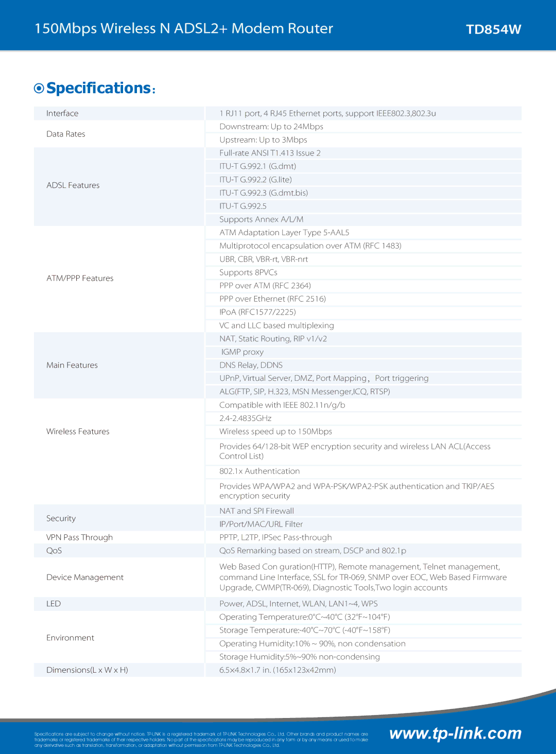 TP-Link TD854W specifications Specifications：, Led 