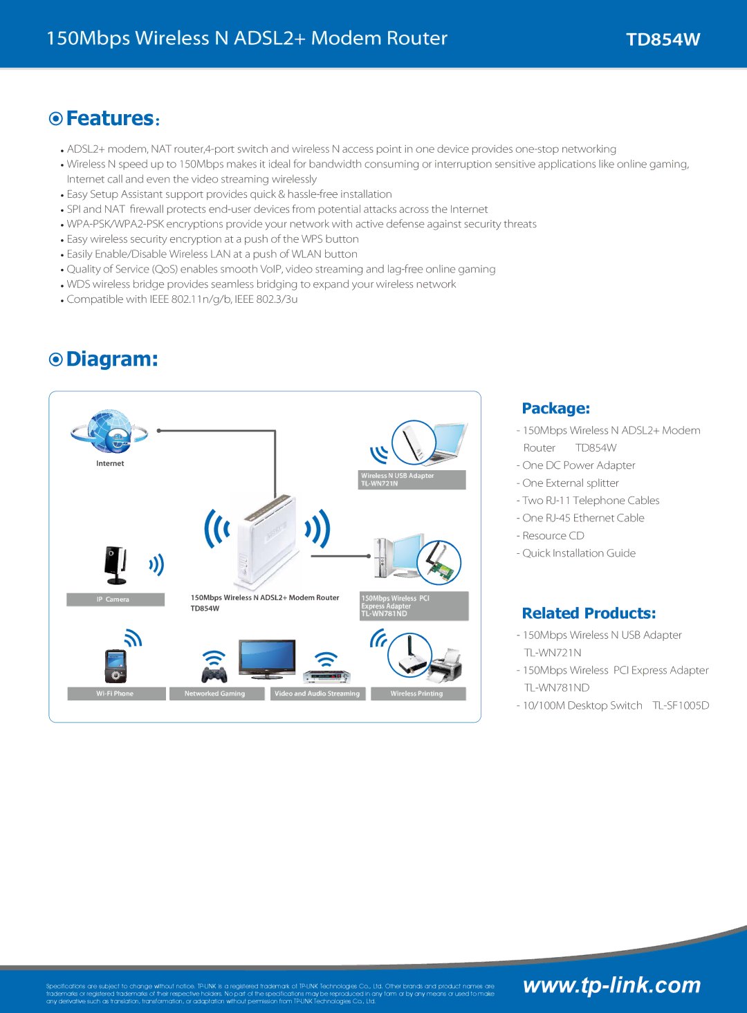 TP-Link TD854W specifications Features：, Diagram, Package, Related Products 