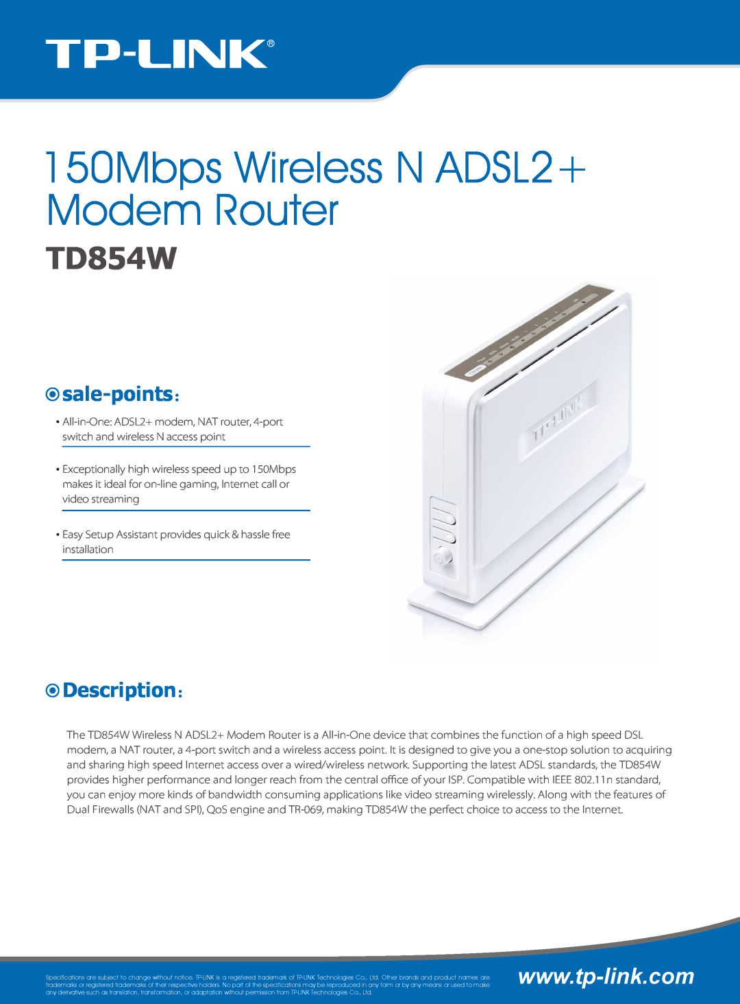 TP-Link TD854W specifications sale-points：, Description：, 150Mbps Wireless N ADSL2+ Modem Router 