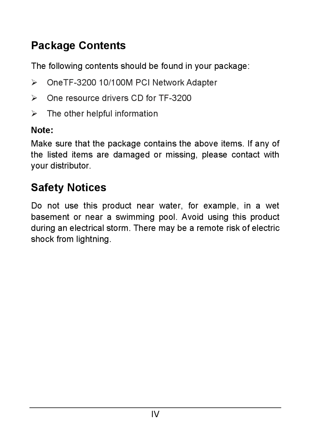 TP-Link TF-3200 manual Package Contents, Safety Notices 