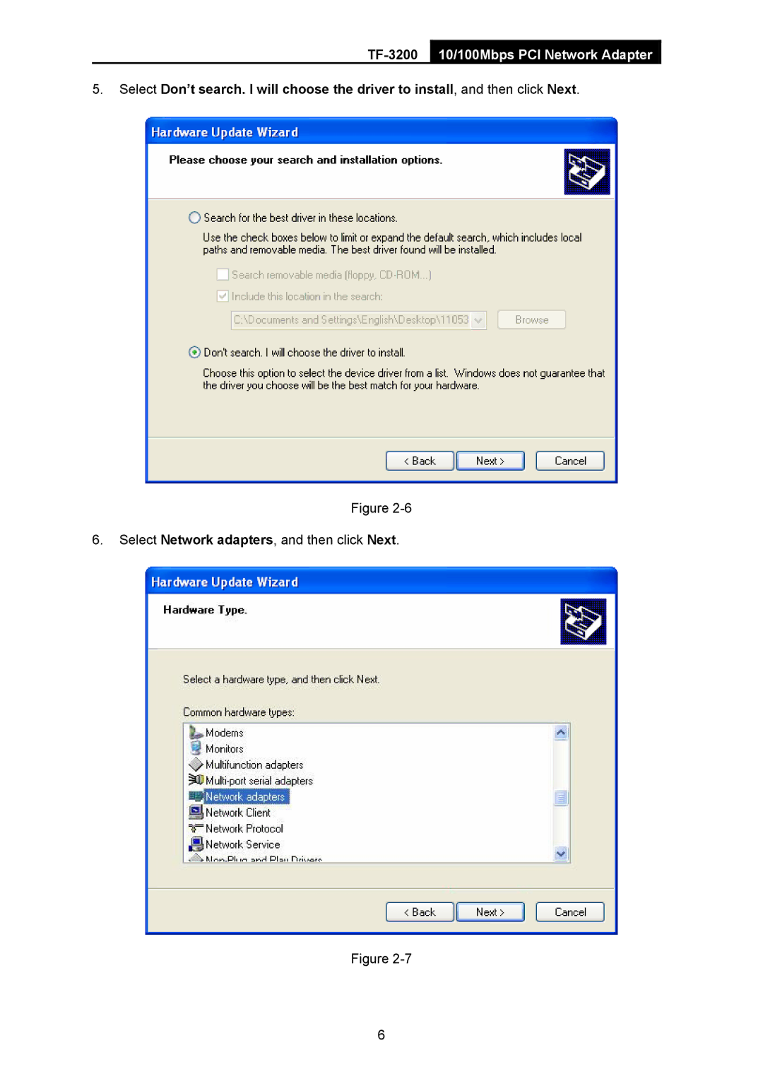 TP-Link TF-3200 manual Select Network adapters, and then click Next 